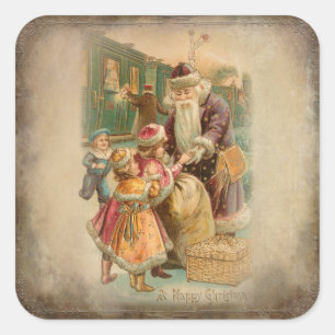Father Christmas with Children at Train Station Square Sticker