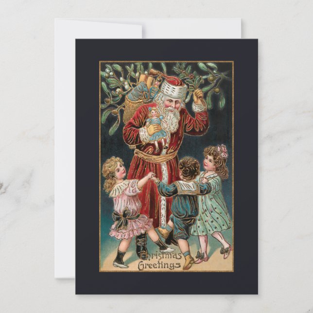 Father Christmas with Dancing Children & Mistletoe Holiday Card (Front)