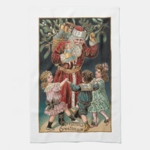 Father Christmas with Dancing Children & Mistletoe Kitchen Towel