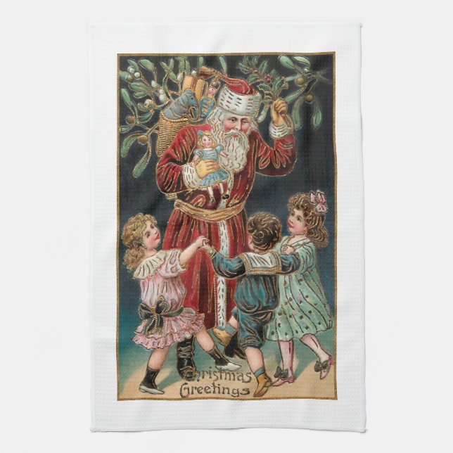 Father Christmas with Dancing Children & Mistletoe Kitchen Towel (Vertical)