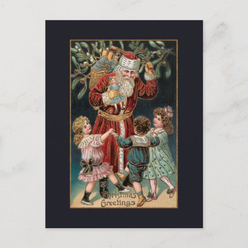 Father Christmas with Dancing Children  Mistletoe Postcard