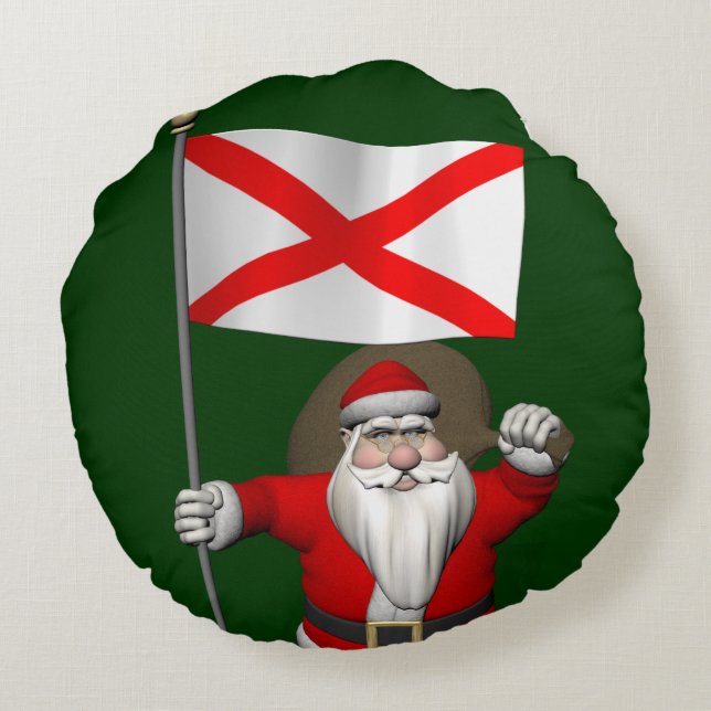 Father Christmas With Flag Of Alabama Round Pillow (Back)