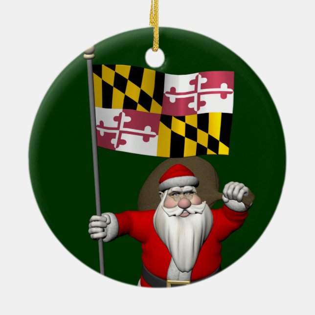 Father Christmas With Flag Of Maryland Ceramic Ornament (Back)