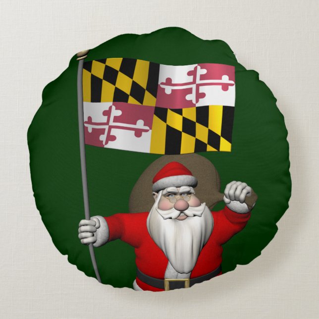 Father Christmas With Flag Of Maryland Round Pillow (Back)