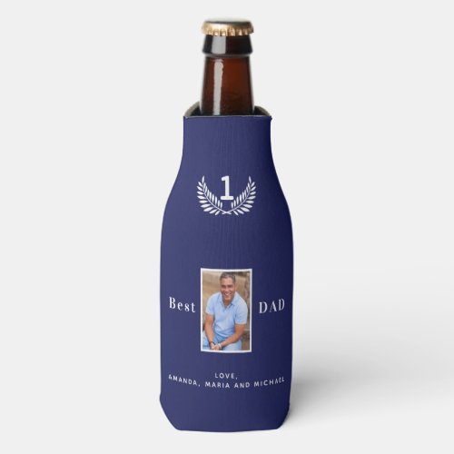 Father dad navy blue white names photo bottle cooler