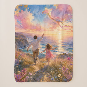 Father & Daughter Flying Kite by Ocean Cliffs Sherpa Blanket