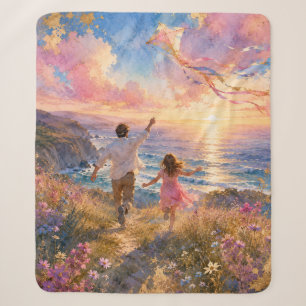 Father & Daughter Flying Kite by Ocean Cliffs Sherpa Blanket