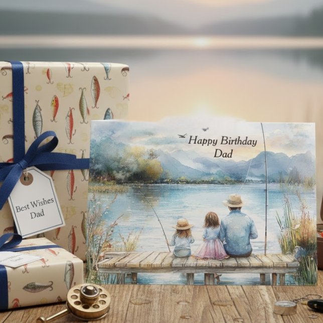 Father & Daughters Lake Fishing Happy Birthday Dad Card (Creator Uploaded)