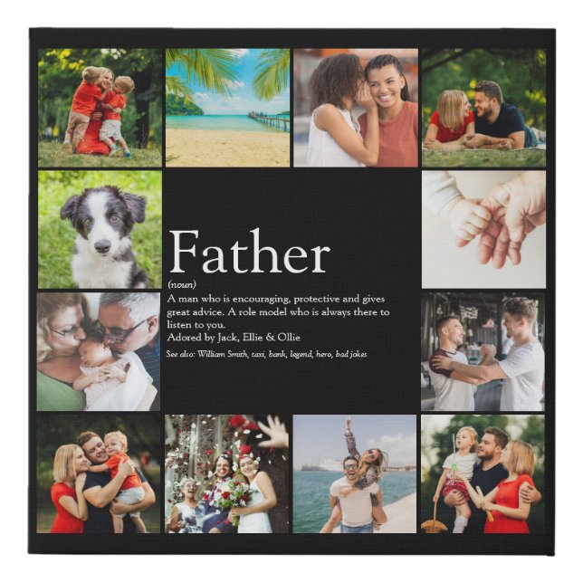 Father Definition Quote Photo Collage Black Faux Canvas Print (Front)