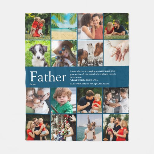 Father Definition Quote Photo Collage Blue Fleece Blanket