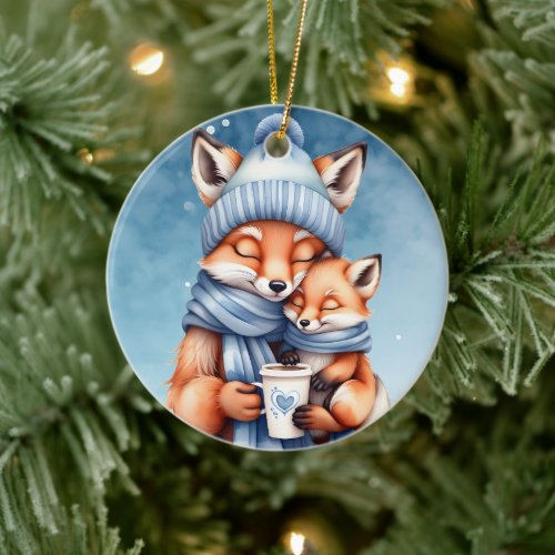Father Fox and Baby in Blue Hat and Scarf Coffee  Ceramic Ornament