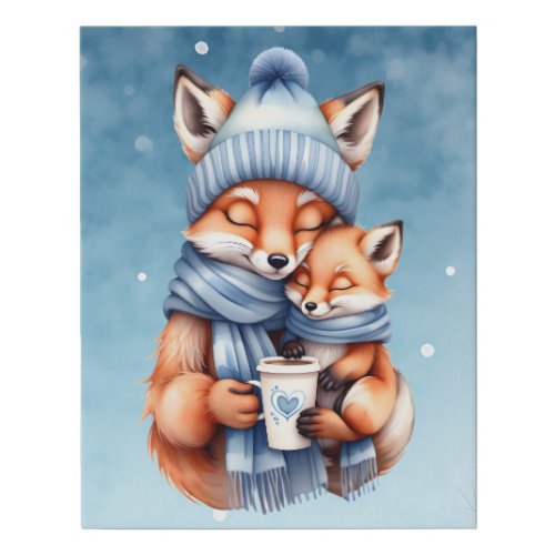 Father Fox and Baby in Blue Hat and Scarf Coffee  Faux Canvas Print