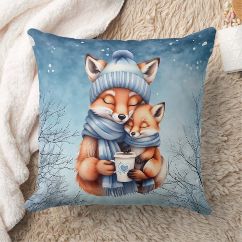 Father Fox and Baby in Blue Hat and Scarf Coffee  Throw Pillow