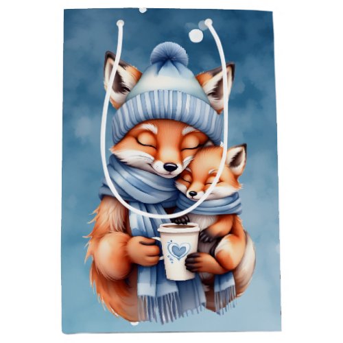 Father Fox and Baby in Blue Hat and Scarf Holiday Medium Gift Bag