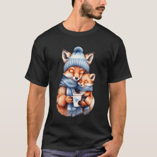 Father Fox and Baby in Blue Hat and Scarf Holiday T-Shirt