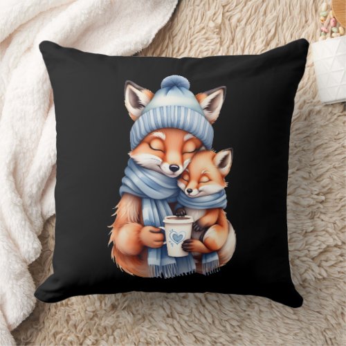 Father Fox and Baby in Blue Hat and Scarf Holiday Throw Pillow