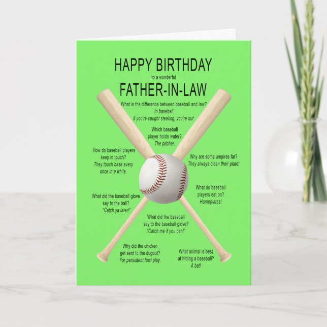Father-in-law, birthday baseball jokes card (Front)
