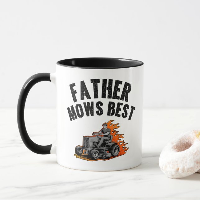 Father Mows Best Funny Dad Fire Flame Lawn Mowing Mug (With Donut)