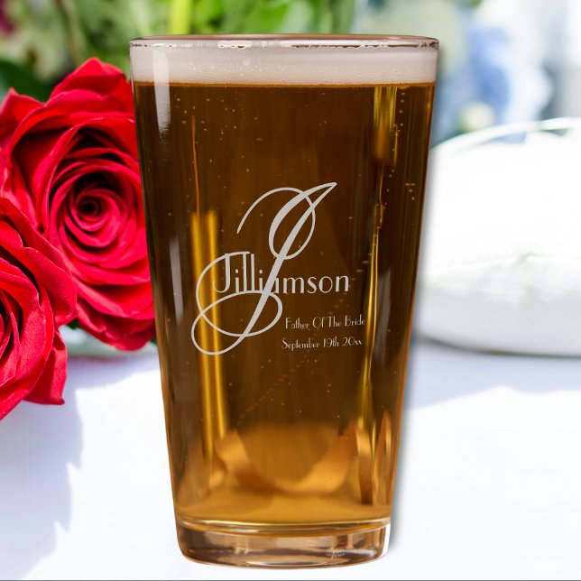 Father Of Bride Gift Laser Engraved Cool Monogram Pint Glass (For the Father Of the Bride: A Perfectly Laser Engraved Monogram Pint Glass.)