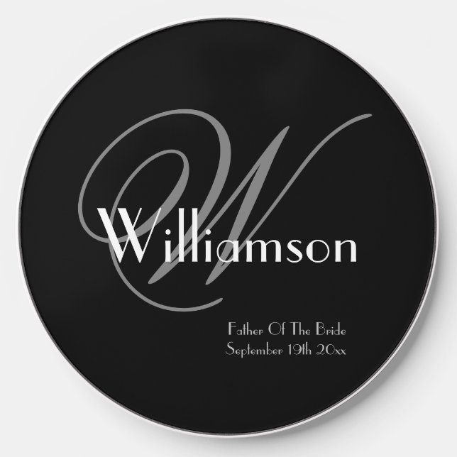 Father Of Bride Gray Monogram White Details Black Wireless Charger (Front)