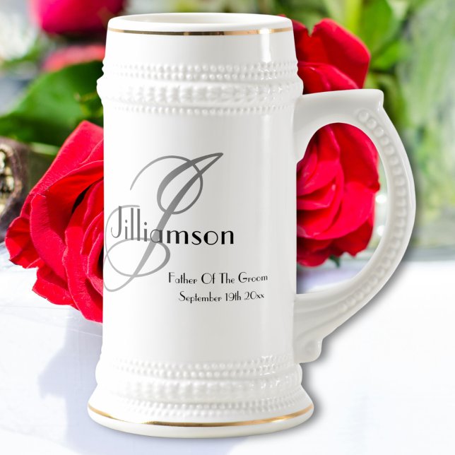 Father Of Groom Fancy Script Monogram Rustic Chic Beer Stein (For an Elegant Wedding - "Father Of The Groom" Fancy Script and Monogram, Rustic Chic Beer Stein.)