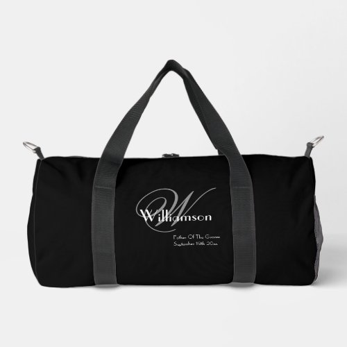 Father Of Groom Gift Modern Monogram Cool Black Duffle Bag