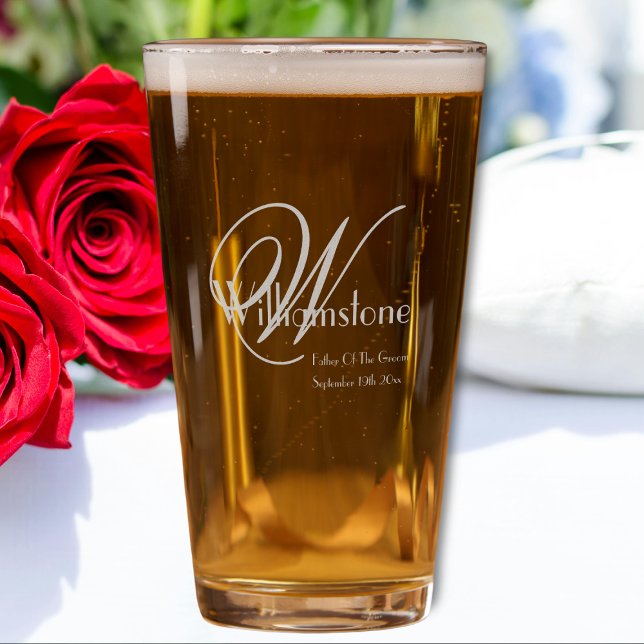 Father Of Groom Gift Monogram Laser Engraved Cool Pint Glass (A Perfect Gift for the Father Of  The Groom. Monogram and Name Laser Engraved Pint Glass.)