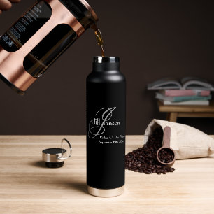 Father Of Groom Gray Monogram White Details Black  Water Bottle