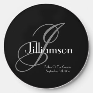 Father Of Groom Gray Monogram White Details Black Wireless Charger