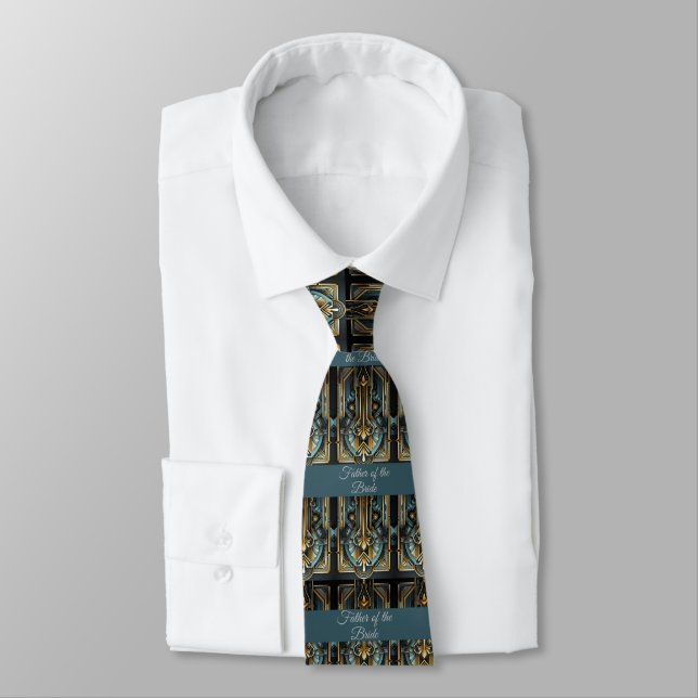 Father of the Bride Art Deco Green Black Gold Neck Tie (Tied)