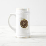 Father of The Bride Beer Stein<br><div class="desc">Elegant,  modern,  rustic wood monogrammed Father of the Bride Beer Stein,  with vintage gold floral lace monogram - initial and name.</div>