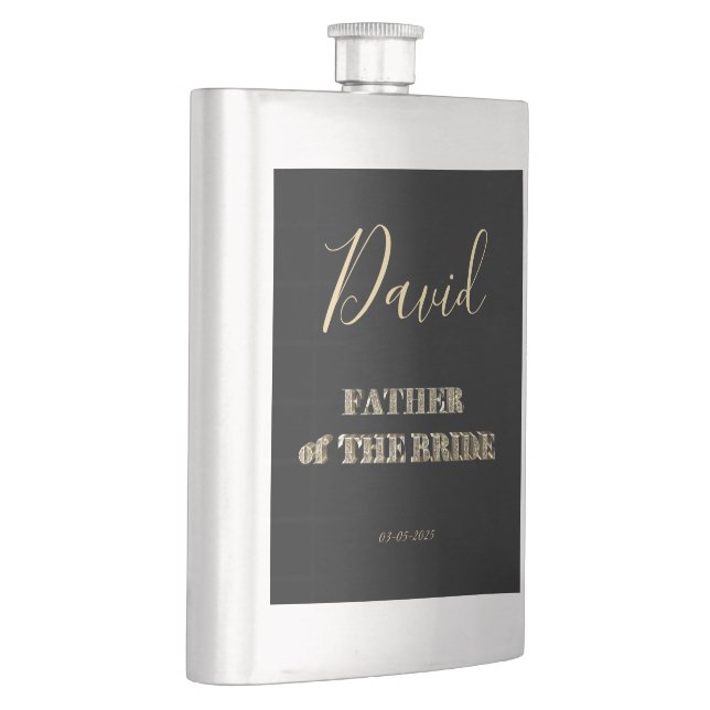 Father of The Bride Black Gold Glitter Typography Flask (Right)