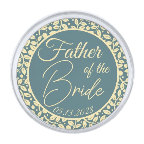 Father of the Bride Blue  Cream Leaf Pattern  Silver Finish Lapel Pin