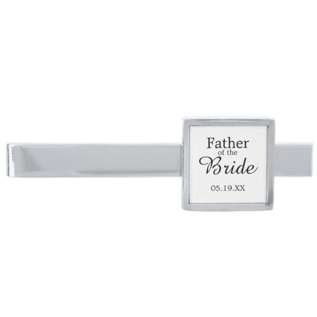 Father of the Bride Custom Date Silver Finish Tie Bar (Front)