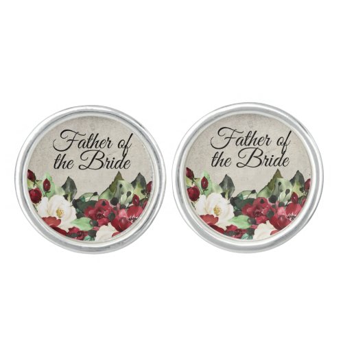 Father of the Bride  Elegant Red Floral Wedding Cufflinks