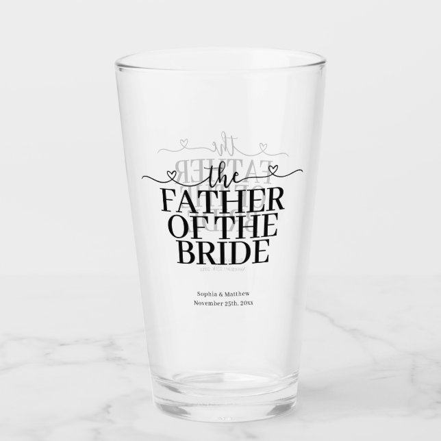 Father of the Bride Fancy Script Heart Wedding Glass (Front)