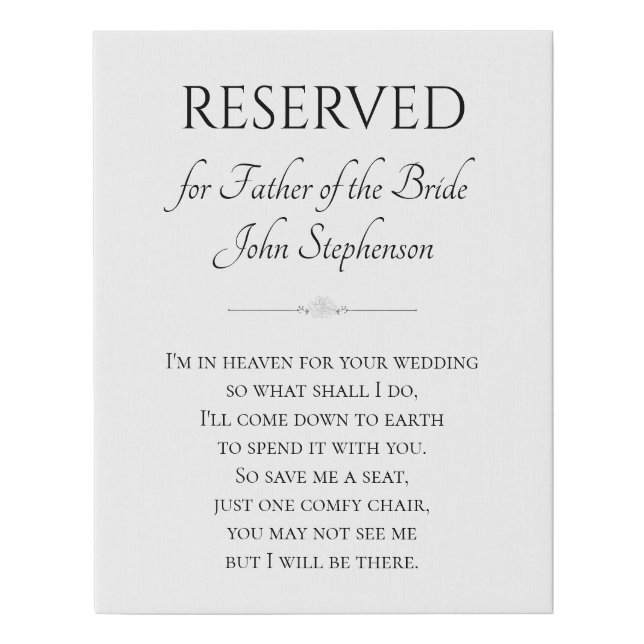 Father of the Bride I'm In Heaven Wedding Memorial Faux Canvas Print (Front)