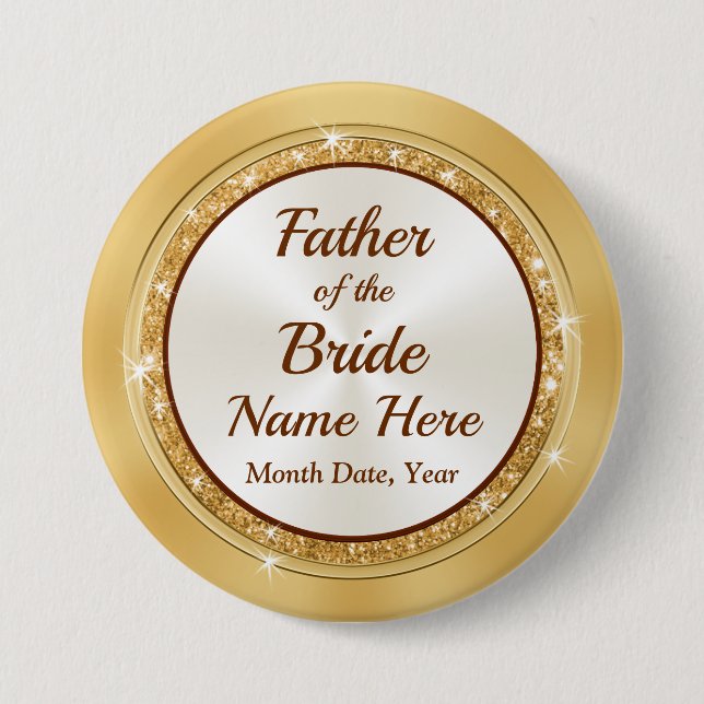 Father of the Bride Name Pin, Gold Theme Button (Front)