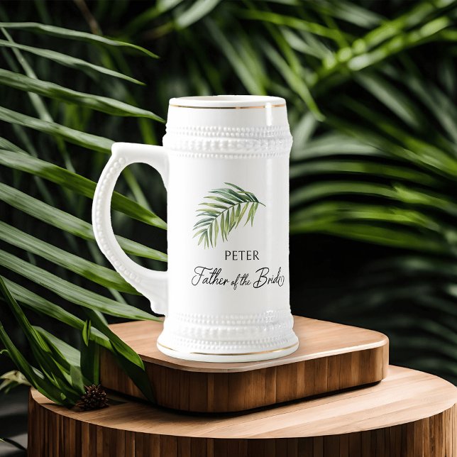 Father of the Bride Palm Leaf Wedding Party Gift Beer Stein (Father of the Bride beer stein with tropical palm leaf and calligraphy)
