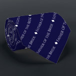 Father of the Bride Tiled White Text on Navy Blue Neck Tie<br><div class="desc">This navy blue neck tie is the perfect accessory for the father of the bride at your wedding. It features a simple yet elegant repeating text design with the word "Father of the Bride" written in a sophisticated all capital white font. There are small diamonds separating the text, giving the...</div>