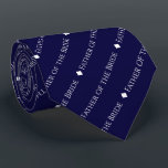 Father of the Bride Tiled White Text on Navy Blue Neck Tie<br><div class="desc">This navy blue neck tie is the perfect accessory for the father of the bride at your wedding. It features a simple yet elegant repeating text design with the word "Father of the Bride" written in a sophisticated all capital white font. There are small diamonds separating the text, giving the...</div>