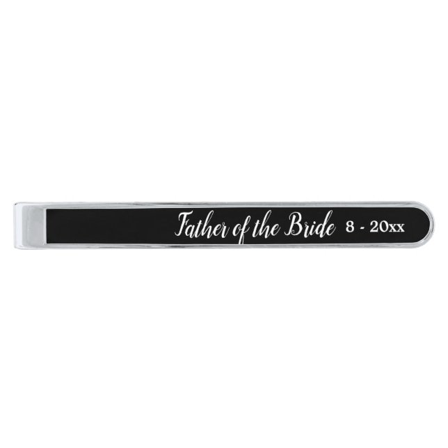 Father of the Bride Wedding Date Silver Finish Tie Bar (Front)