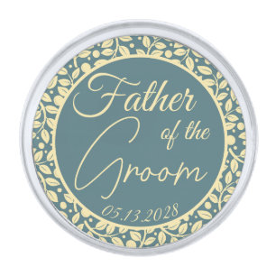 Father of the Groom Blue & Cream Leaf Wedding Silver Finish Lapel Pin