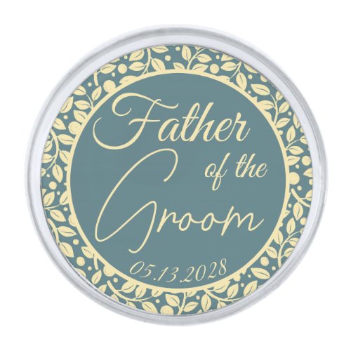 Father of the Groom Blue  Cream Leaf Wedding Silver Finish Lapel Pin
