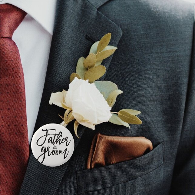 Father Of The Groom Brush Wedding Bridal Party Button ('Father of the Groom' Bow Tie Brush Script Calligraphy Wedding Rehearsal Button @ fatfatin_blue_knot)