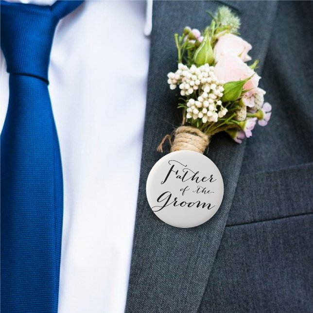 Father of the Groom Classic Script Wedding Party Button ('Father of the Groom' Classic Script Calligraphy Wedding Rehearsal Pin Button @ fatfatin_blue_knot)