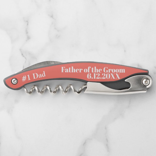 Father of the Groom Coral Wedding Favor Corkscrews (Back)
