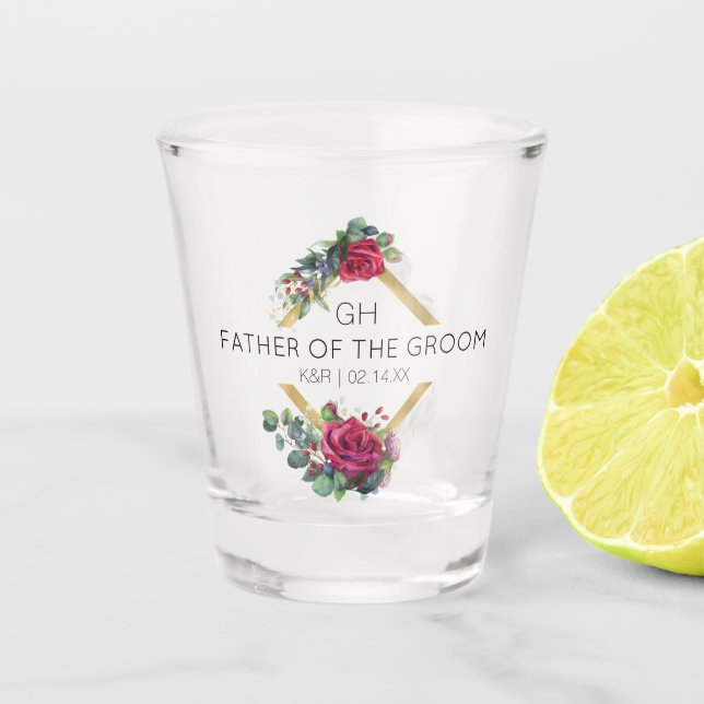 Father of the Groom Red Rose Wedding Date Monogram Shot Glass (Front)