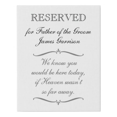 Father of the Groom Reserved Seat Memorial Wedding Faux Canvas Print