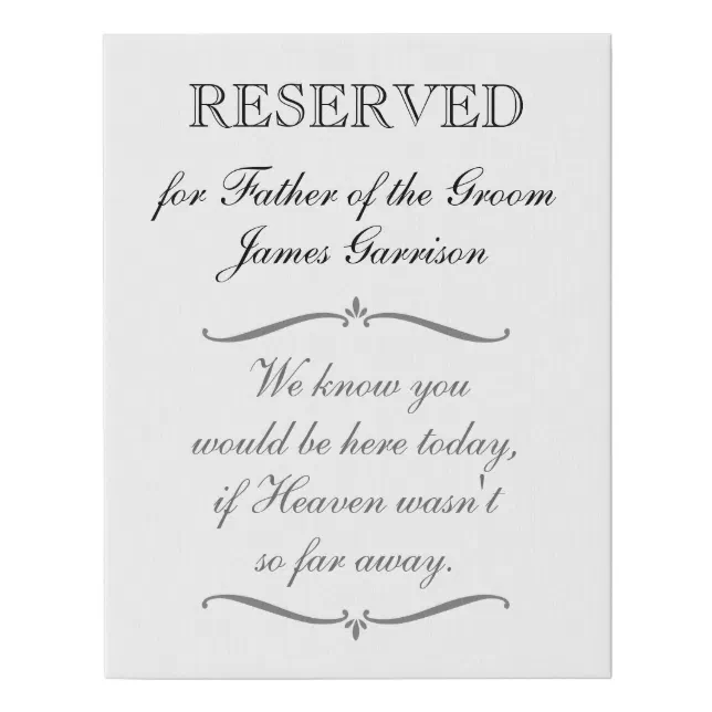 Father of the Groom Reserved Seat Memorial Wedding Faux Canvas Print ...